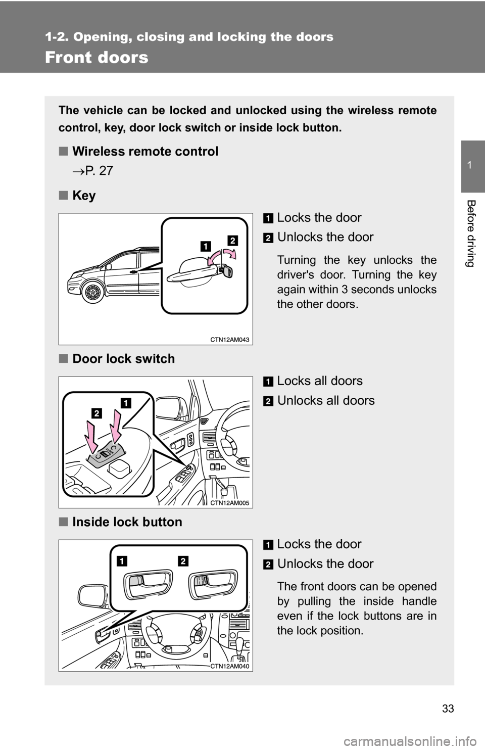 TOYOTA SIENNA 2009 XL20 / 2.G Owners Guide 33
1
1-2. Opening, closing and locking the doors
Before driving
Front doors
The vehicle can be locked and unlocked using the wireless remote
control, key, door lock switch or inside lock button.
■Wi