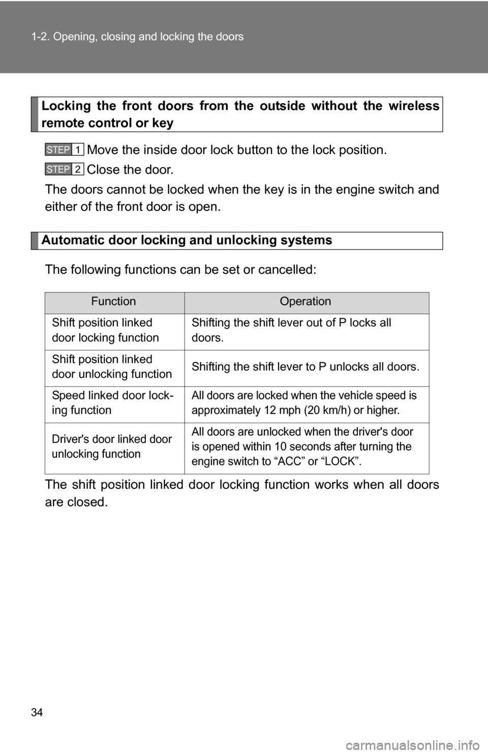 TOYOTA SIENNA 2009 XL20 / 2.G Owners Guide 34 1-2. Opening, closing and locking the doors
Locking the front doors from the outside without the wireless
remote control or keyMove the inside door lock button to the lock position.
Close the door.