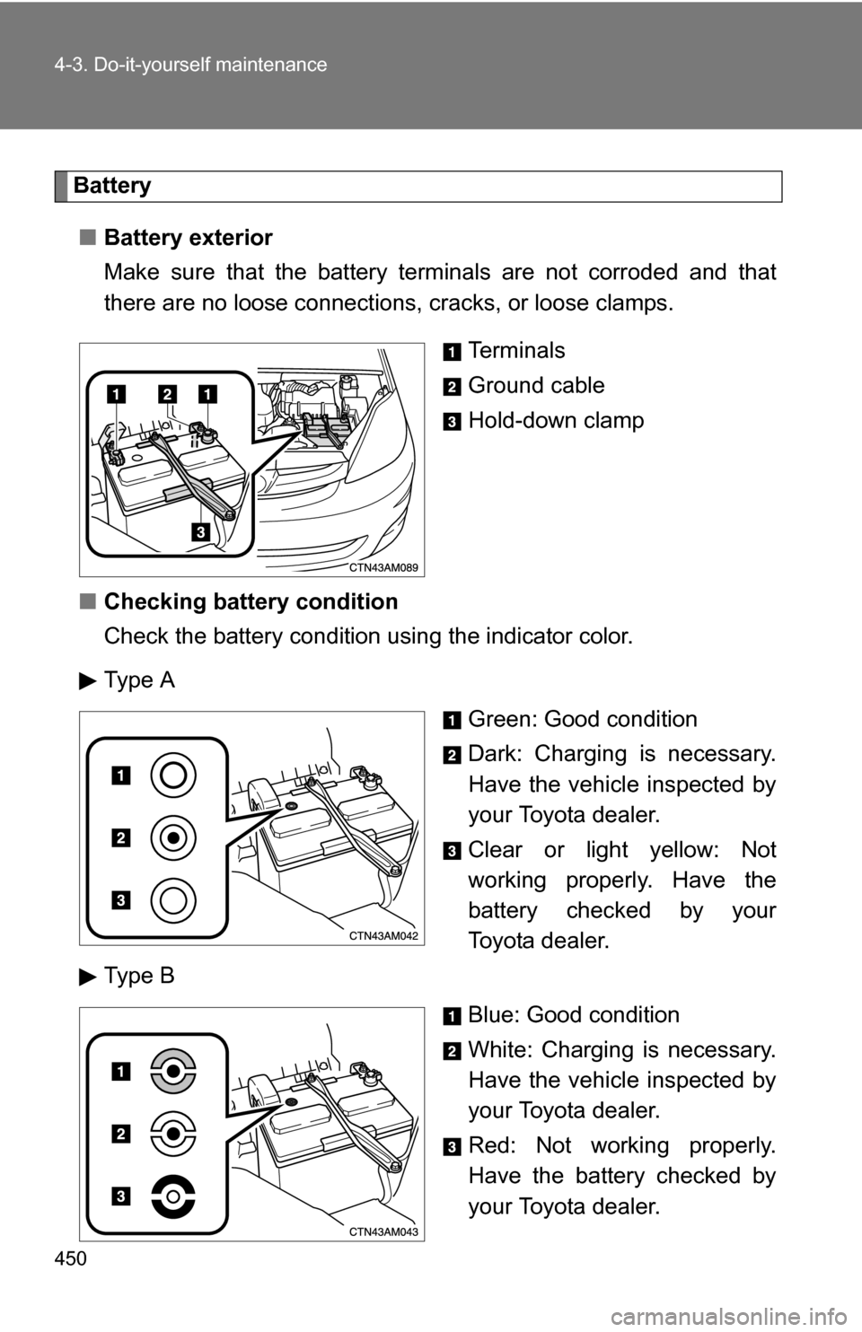 TOYOTA SIENNA 2009 XL20 / 2.G Owners Manual 450 4-3. Do-it-yourself maintenance
Battery■ Battery exterior
Make sure that the battery terminals are not corroded and that
there are no loose connections,  cracks, or loose clamps.
Te r m i n a l 
