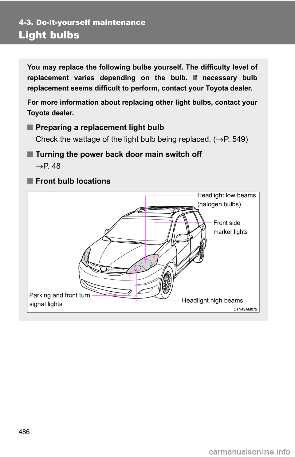 TOYOTA SIENNA 2009 XL20 / 2.G Owners Manual 486
4-3. Do-it-yourself maintenance
Light bulbs
You may replace the following bulbs yourself. The difficulty level of
replacement varies depending on the bulb. If necessary bulb
replacement seems diff