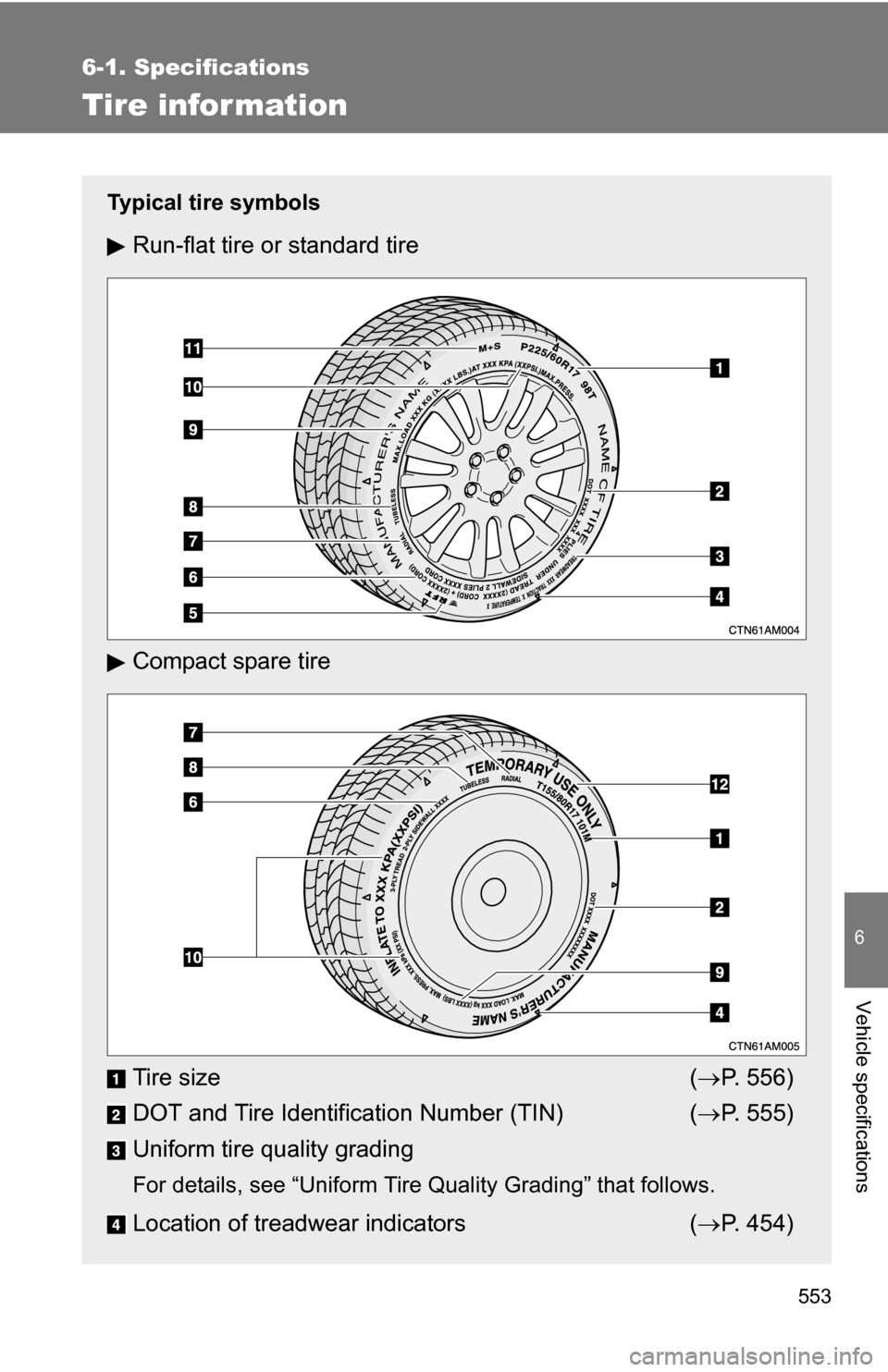 TOYOTA SIENNA 2009 XL20 / 2.G Owners Manual 553
6-1. Specifications
6
Vehicle specifications
Tire infor mation
Typical tire symbols
Run-flat tire or standard tire
Compact spare tire
Tire size (P. 556)
DOT and Tire Identification Number (TIN)