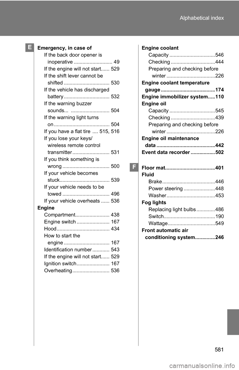 TOYOTA SIENNA 2009 XL20 / 2.G Owners Manual 581
Alphabetical index
Emergency, in case of
If the back door opener is 
inoperative ........................... 49
If the engine will not start...... 529
If the shift lever cannot be  shifted .......