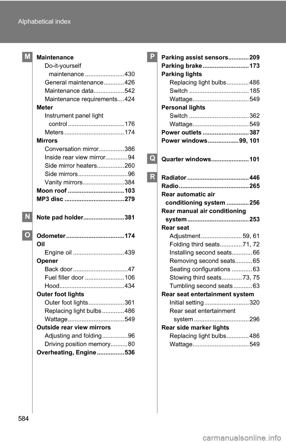 TOYOTA SIENNA 2009 XL20 / 2.G Owners Manual 584 Alphabetical index
MaintenanceDo-it-yourself 
maintenance ....................... 430
General maintenance ............ 426
Maintenance data.................. 542
Maintenance requirements.... 424
M
