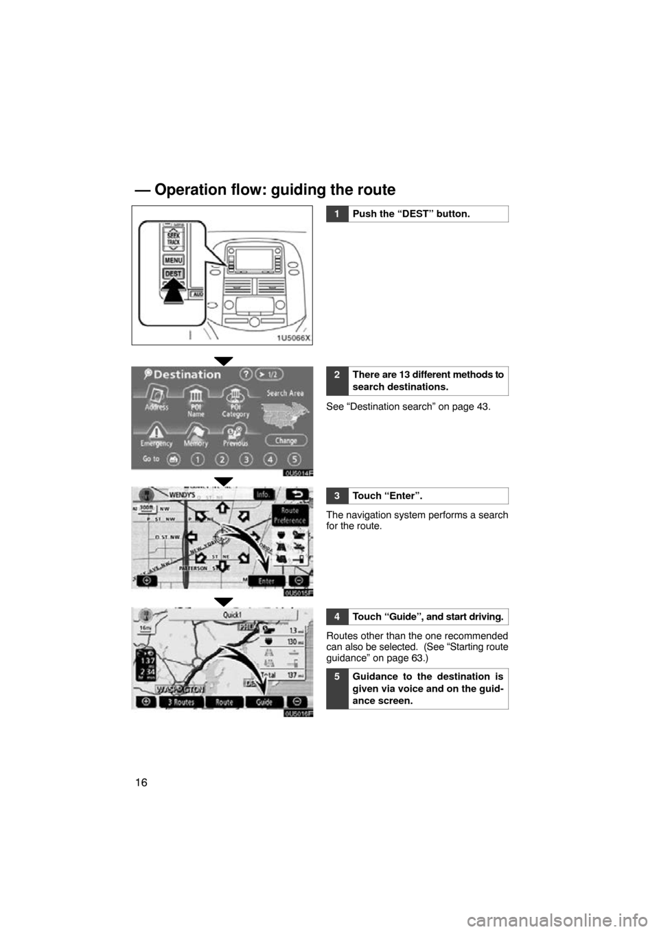 TOYOTA SIENNA 2010 XL30 / 3.G Navigation Manual 16
1U5066X
0U5014F
0U5015F
0U5016F
1Push the “DEST” button.
2There are 13 different methods to
search destinations.
See “Destination search” on page 43.
3Touch “Enter”.
The navigation syst