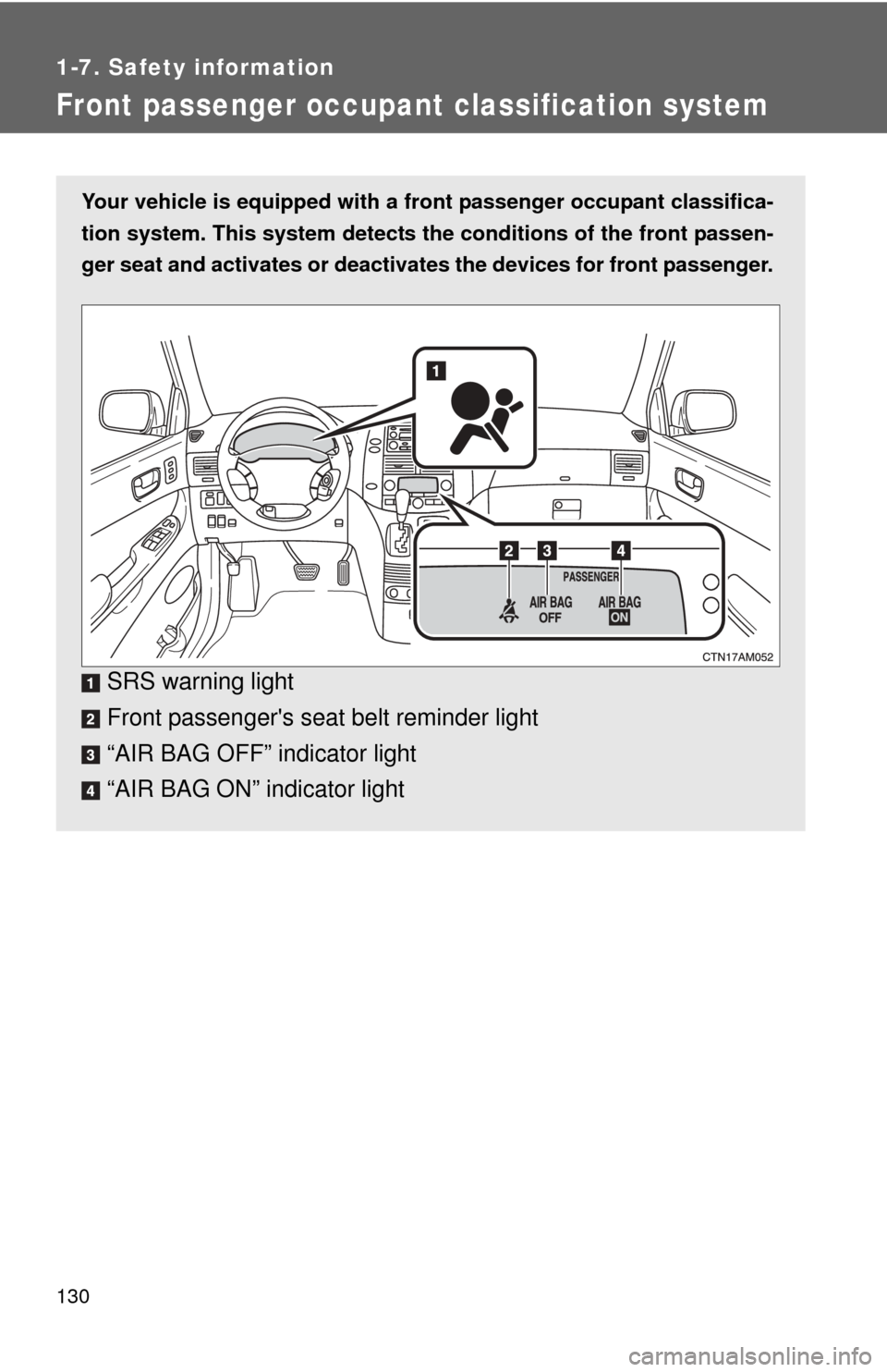 TOYOTA SIENNA 2010 XL30 / 3.G Owners Manual 130
1-7. Safety information
Front passenger occupant classification system
Your vehicle is equipped with a front passenger occupant classifica-
tion system. This system detects the conditions of the TOYOTA SIENNA 2010 XL30 / 3.G Owners Manual 130
1-7. Safety information
Front passenger occupant classification system
Your vehicle is equipped with a front passenger occupant classifica-
tion system. This system detects the conditions of the