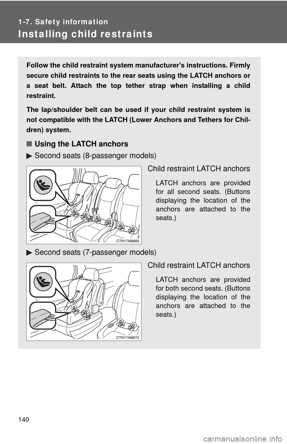 TOYOTA SIENNA 2010 XL30 / 3.G Owners Manual 140
1-7. Safety information
Installing child restraints
Follow the child restraint system manufacturers instructions. Firmly
secure child restraints to the r ear seats using the LATCH anchors or
a se