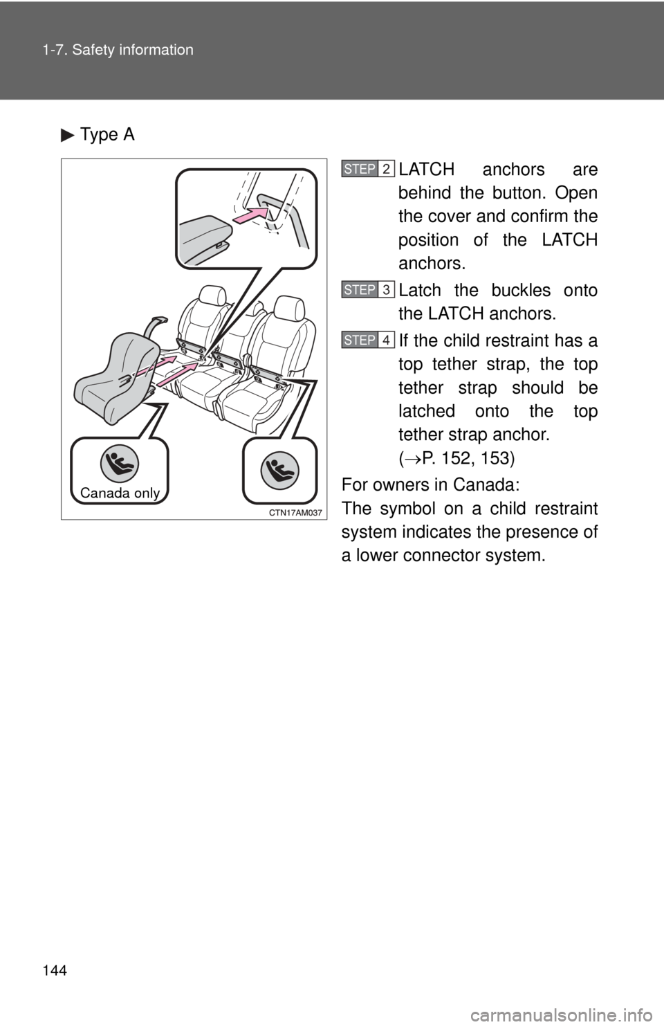 TOYOTA SIENNA 2010 XL30 / 3.G Owners Manual 144 1-7. Safety information
Type ALATCH anchors are
behind the button. Open
the cover and confirm the
position of the LATCH
anchors.
Latch the buckles onto
the LATCH anchors.
If the child restraint ha