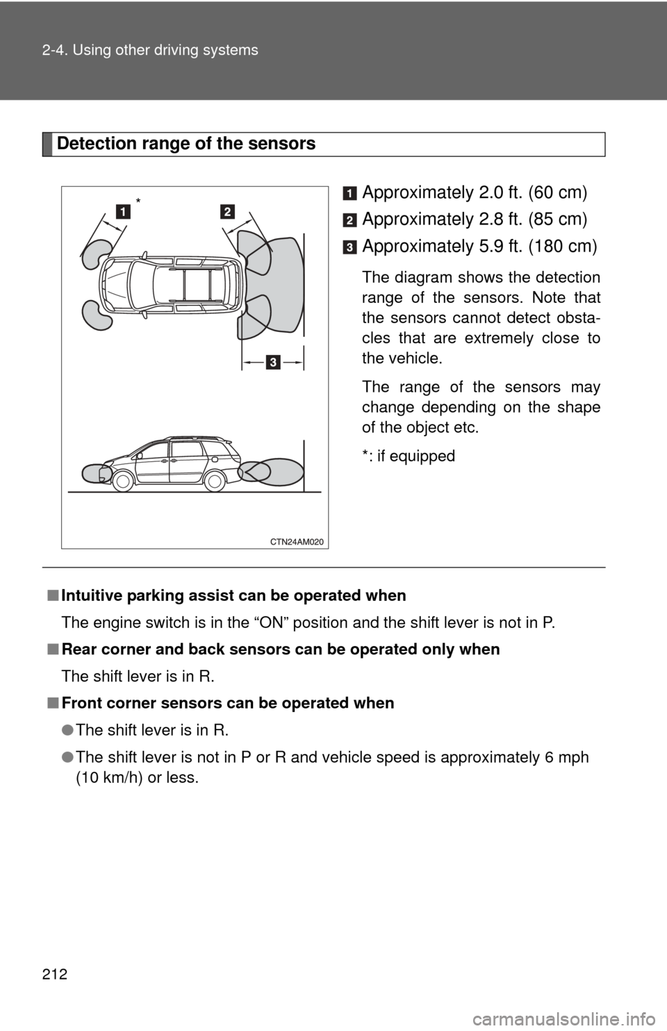 TOYOTA SIENNA 2010 XL30 / 3.G Owners Manual 212 2-4. Using other driving systems
Detection range of the sensorsApproximately 2.0 ft. (60 cm)
Approximately 2.8 ft. (85 cm)
Approximately 5.9 ft. (180 cm)
The diagram shows the detection
range of t TOYOTA SIENNA 2010 XL30 / 3.G Owners Manual 212 2-4. Using other driving systems
Detection range of the sensorsApproximately 2.0 ft. (60 cm)
Approximately 2.8 ft. (85 cm)
Approximately 5.9 ft. (180 cm)
The diagram shows the detection
range of t