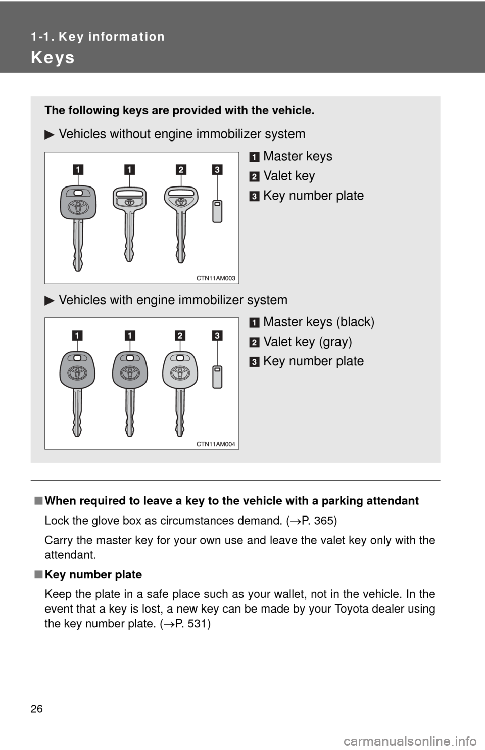 TOYOTA SIENNA 2010 XL30 / 3.G Owners Manual 26
1-1. Key information
Keys
■When required to leave a key to the  vehicle with a parking attendant
Lock the glove box as circumstances demand. ( P. 365)
Carry the master key for your own use and