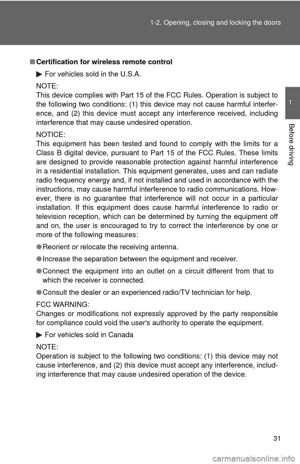 TOYOTA SIENNA 2010 XL30 / 3.G Owners Manual 31
1-2. Opening, closing and locking the doors
1
Before driving
■
Certification for wireless remote control
For vehicles sold in the U.S.A.
NOTE:
This device complies with Part 15 of the FCC Rules. 