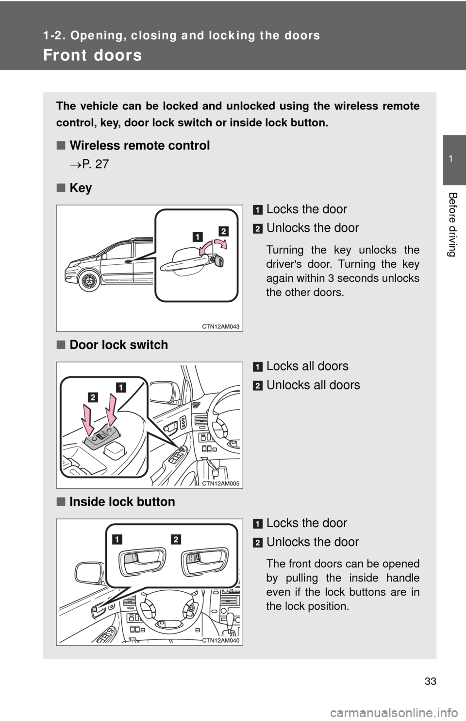 TOYOTA SIENNA 2010 XL30 / 3.G Owners Guide 33
1
1-2. Opening, closing and locking the doors
Before driving
Front doors
The vehicle can be locked and unlocked using the wireless remote
control, key, door lock switch or inside lock button.
■Wi