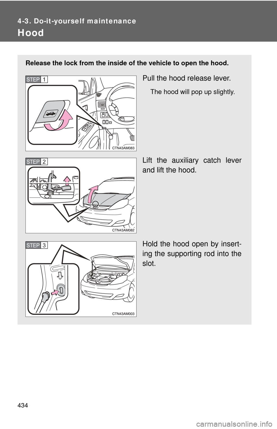 TOYOTA SIENNA 2010 XL30 / 3.G Owners Manual 434
4-3. Do-it-yourself maintenance
Hood
Release the lock from the inside of the vehicle to open the hood.
Pull the hood release lever.
The hood will pop up slightly.
Lift the auxiliary catch lever
an