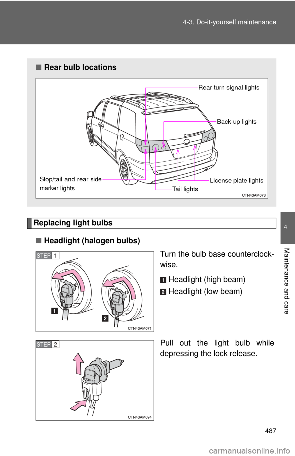 TOYOTA SIENNA 2010 XL30 / 3.G Owners Manual 487
4-3. Do-it-yourself maintenance
4
Maintenance and care
Replacing light bulbs
■ Headlight (halogen bulbs)
Turn the bulb base counterclock-
wise.
Headlight (high beam)
Headlight (low beam)
Pull ou