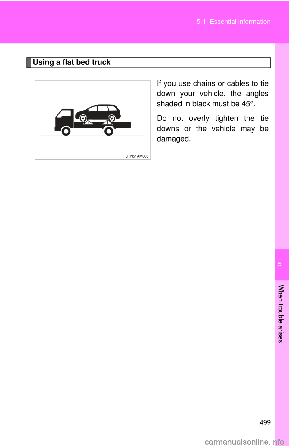 TOYOTA SIENNA 2010 XL30 / 3.G Owners Manual 5
When trouble arises
499
5-1. Essential information
Using a flat bed truck
If you use chains or cables to tie
down your vehicle, the angles
shaded in black must be 45.
Do not overly tighten the ti