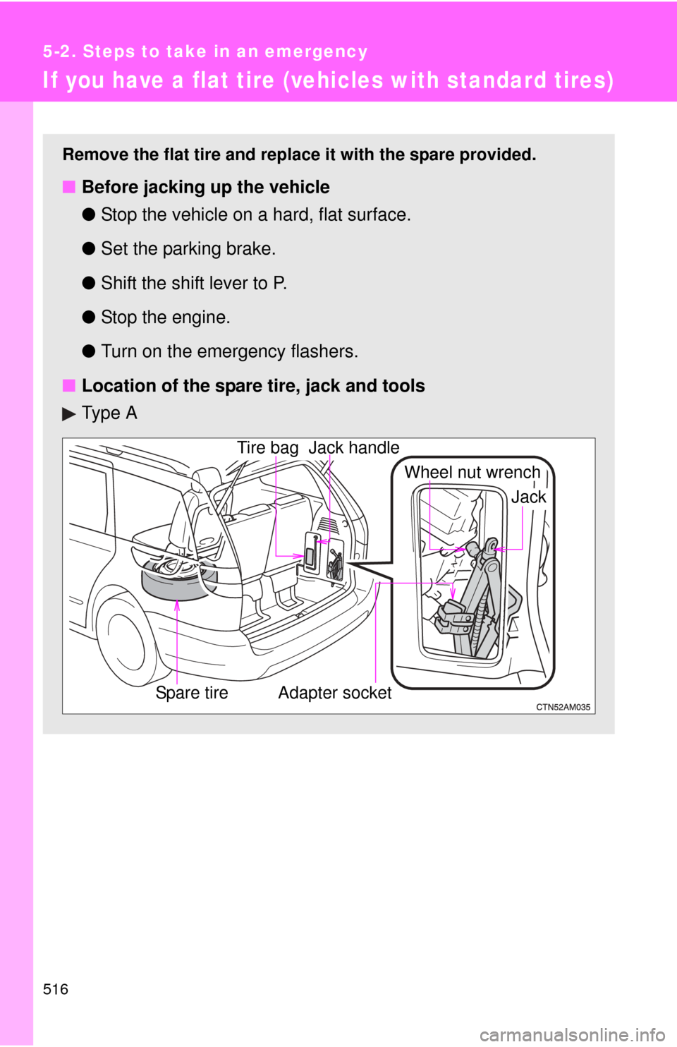 TOYOTA SIENNA 2010 XL30 / 3.G Owners Manual 516
5-2. Steps to take in an emergency
If you have a flat tire (vehicles with standard tires)
Remove the flat tire and replace it with the spare provided.
■Before jacking up the vehicle
●Stop the 