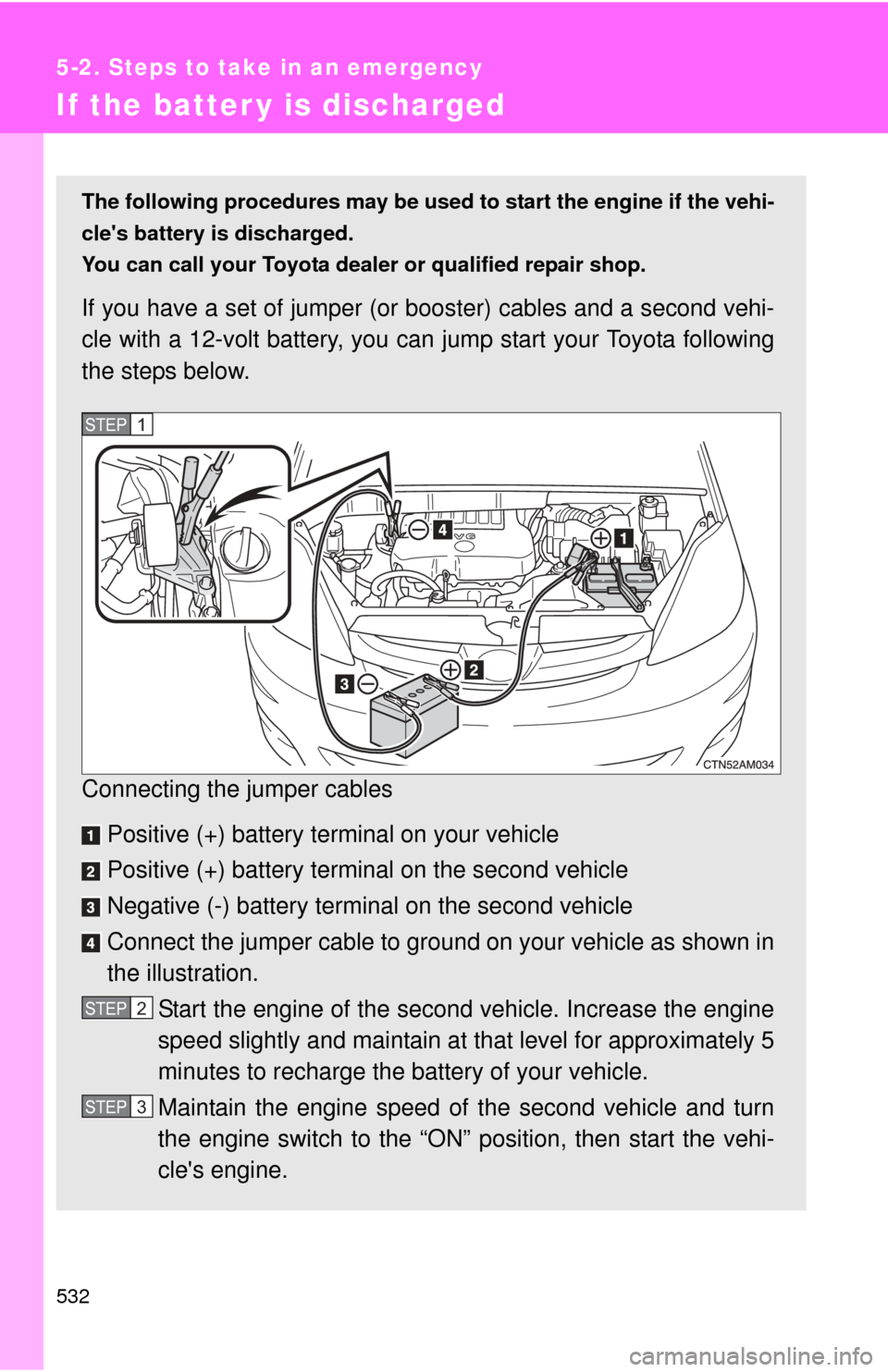 TOYOTA SIENNA 2010 XL30 / 3.G Owners Manual 532
5-2. Steps to take in an emergency
If the batter y is discharged
The following procedures may be used to start the engine if the vehi-
cles battery is discharged.
You can call your Toyota dealer 
