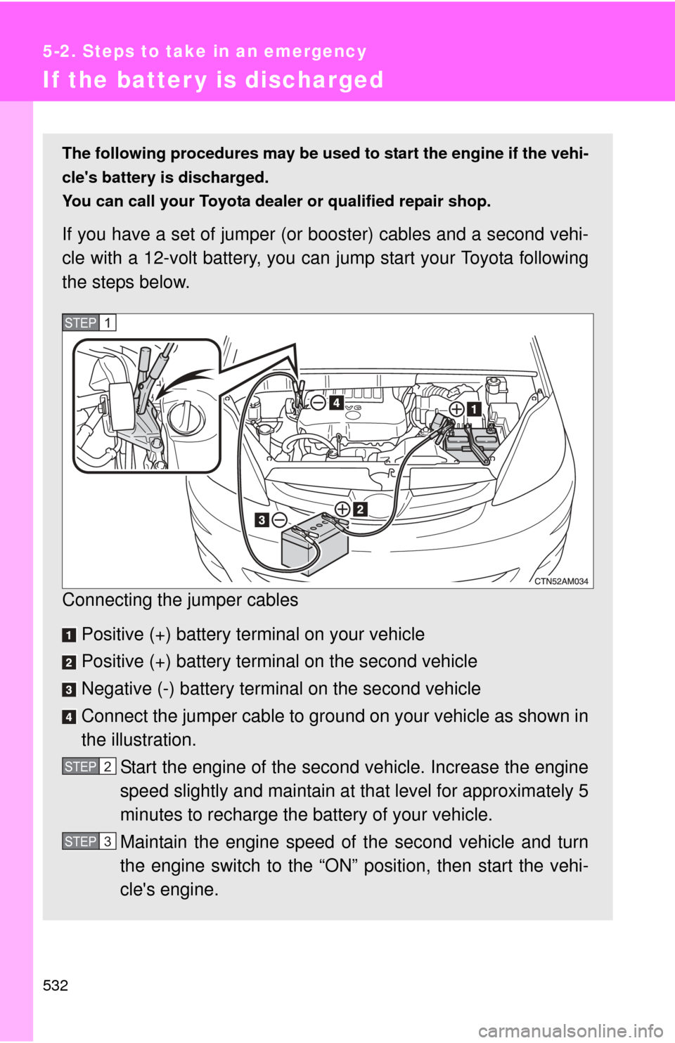 TOYOTA SIENNA 2010 XL30 / 3.G Owners Manual 532
5-2. Steps to take in an emergency
If the batter y is discharged
The following procedures may be used to start the engine if the vehi-
cles battery is discharged.
You can call your Toyota dealer TOYOTA SIENNA 2010 XL30 / 3.G Owners Manual 532
5-2. Steps to take in an emergency
If the batter y is discharged
The following procedures may be used to start the engine if the vehi-
cles battery is discharged.
You can call your Toyota dealer
