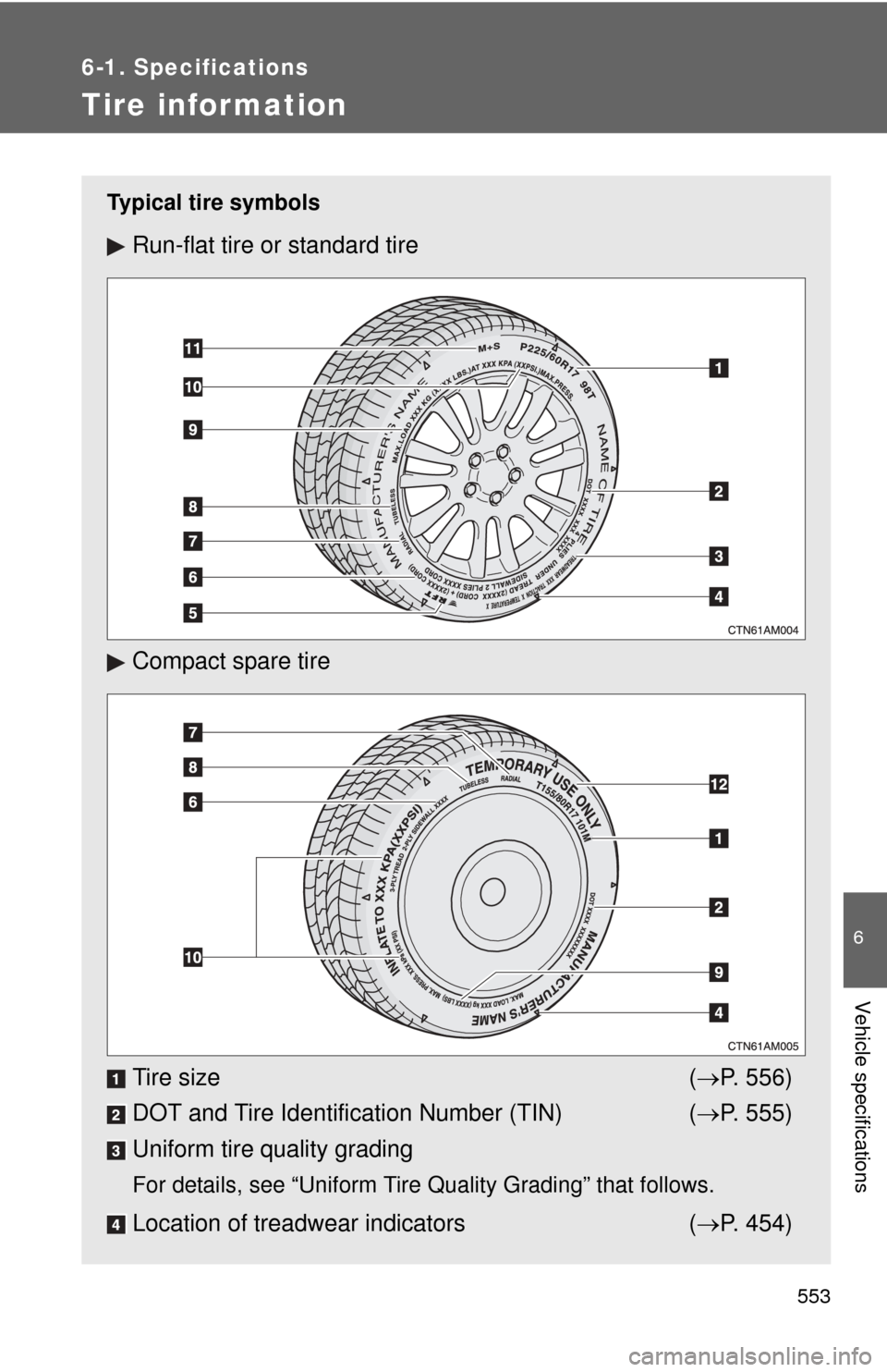 TOYOTA SIENNA 2010 XL30 / 3.G Owners Manual 553
6-1. Specifications
6
Vehicle specifications
Tire infor mation
Typical tire symbols
Run-flat tire or standard tire
Compact spare tire
Tire size (P. 556)
DOT and Tire Identification Number (TIN)