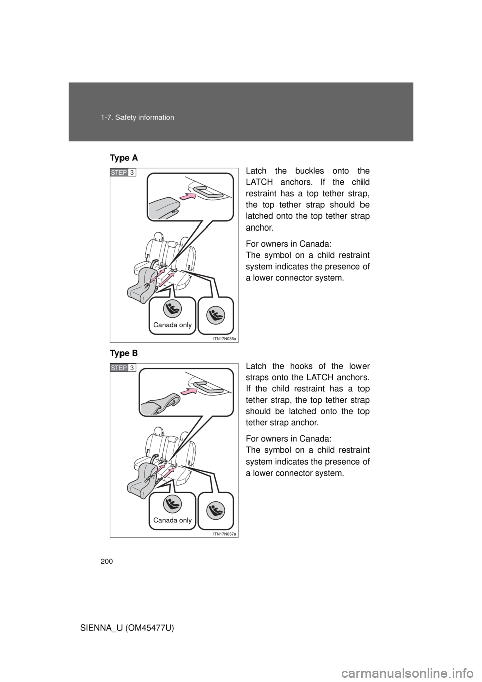 TOYOTA SIENNA 2012 XL30 / 3.G Owners Manual 200 1-7. Safety information
SIENNA_U (OM45477U)Ty p e  A
Latch the buckles onto the
LATCH anchors. If the child
restraint has a top tether strap,
the top tether strap should be
latched onto the top te