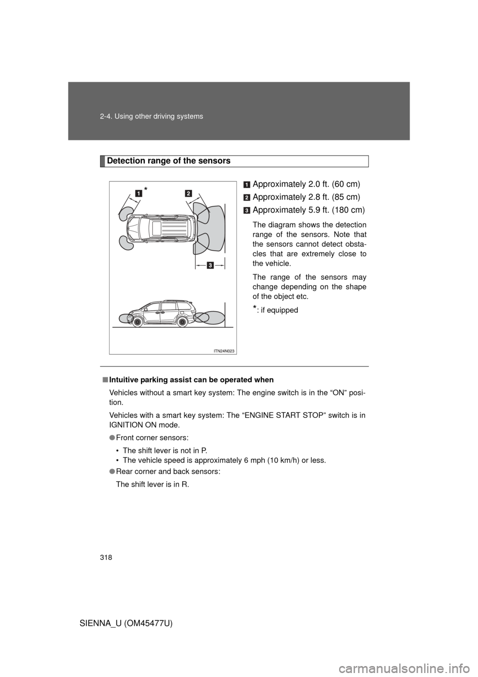 TOYOTA SIENNA 2012 XL30 / 3.G Owners Manual 318 2-4. Using other driving systems
SIENNA_U (OM45477U)
Detection range of the sensorsApproximately 2.0 ft. (60 cm)
Approximately 2.8 ft. (85 cm)
Approximately 5.9 ft. (180 cm)
The diagram shows the TOYOTA SIENNA 2012 XL30 / 3.G Owners Manual 318 2-4. Using other driving systems
SIENNA_U (OM45477U)
Detection range of the sensorsApproximately 2.0 ft. (60 cm)
Approximately 2.8 ft. (85 cm)
Approximately 5.9 ft. (180 cm)
The diagram shows the