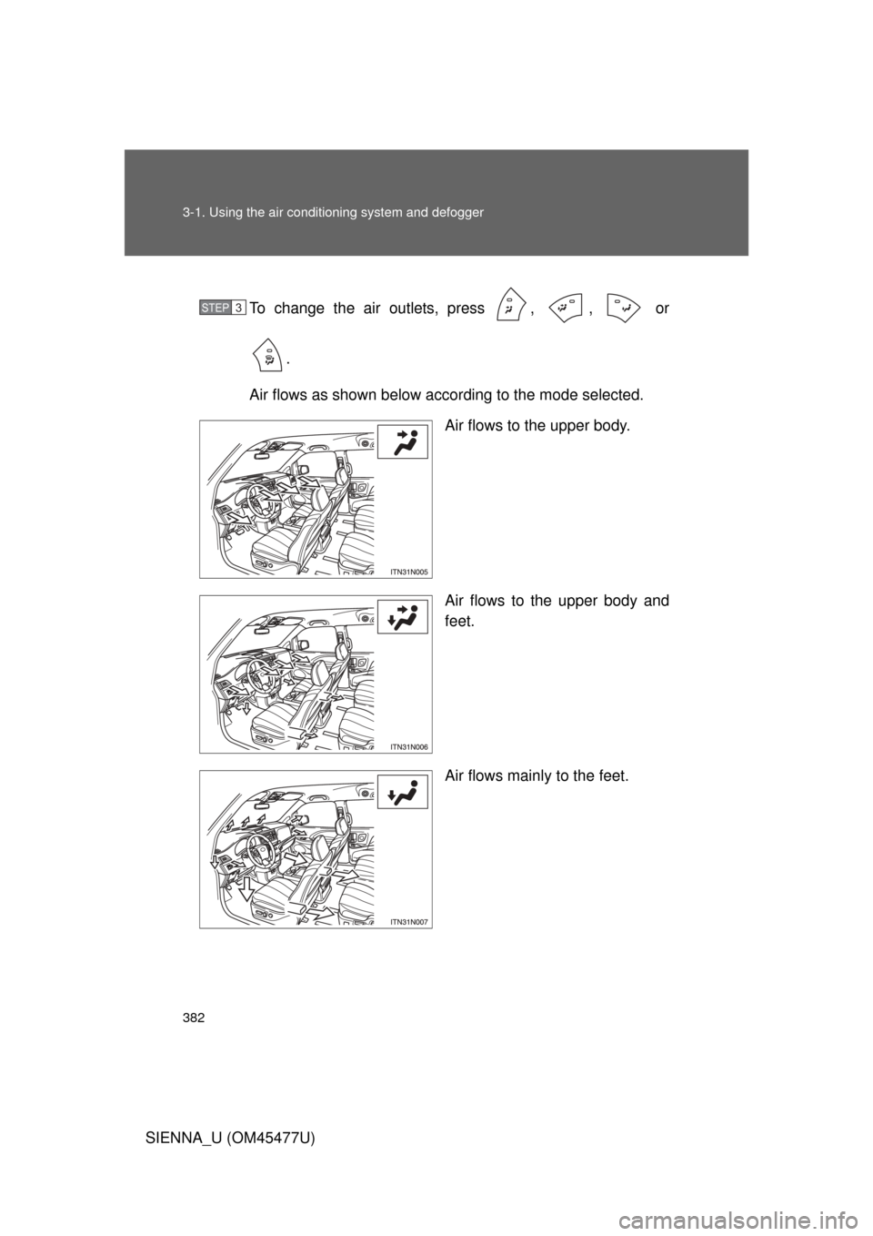 TOYOTA SIENNA 2012 XL30 / 3.G Owners Manual 382 3-1. Using the air conditioning system and defogger
SIENNA_U (OM45477U)To change the air outlets, press  ,  ,   or
.
Air flows as shown below according to the mode selected. Air flows to the upper
