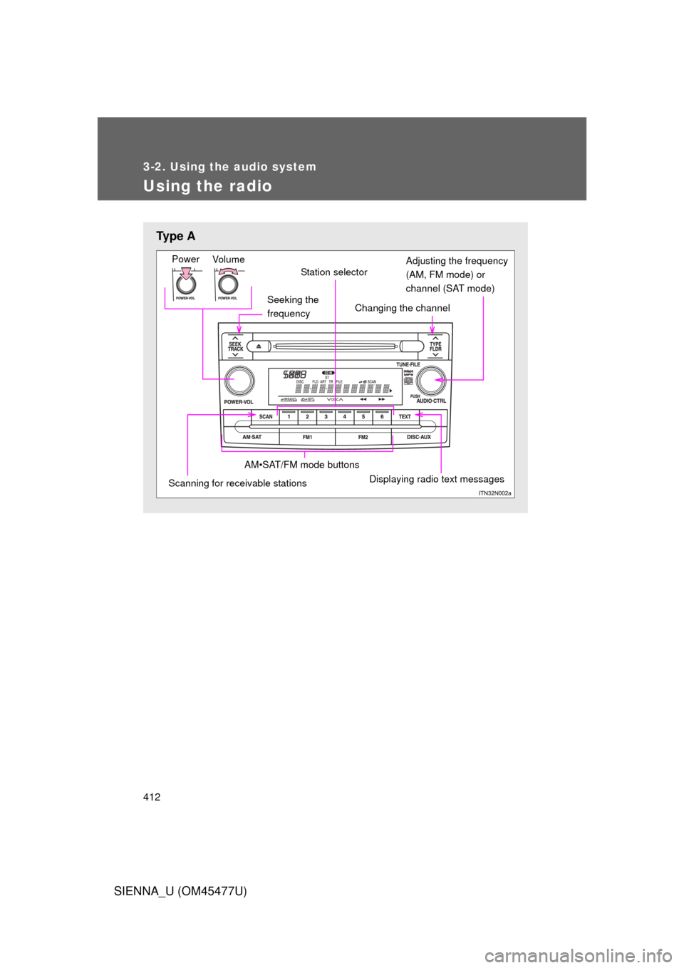 TOYOTA SIENNA 2012 XL30 / 3.G Owners Manual 412
3-2. Using the audio system
SIENNA_U (OM45477U)
Using the radio
Ty p e  A
Seeking the 
frequency
Vo lu m e
Power
Station selector
Changing the channel
AM•SAT/FM mode buttons
Scanning for receiva