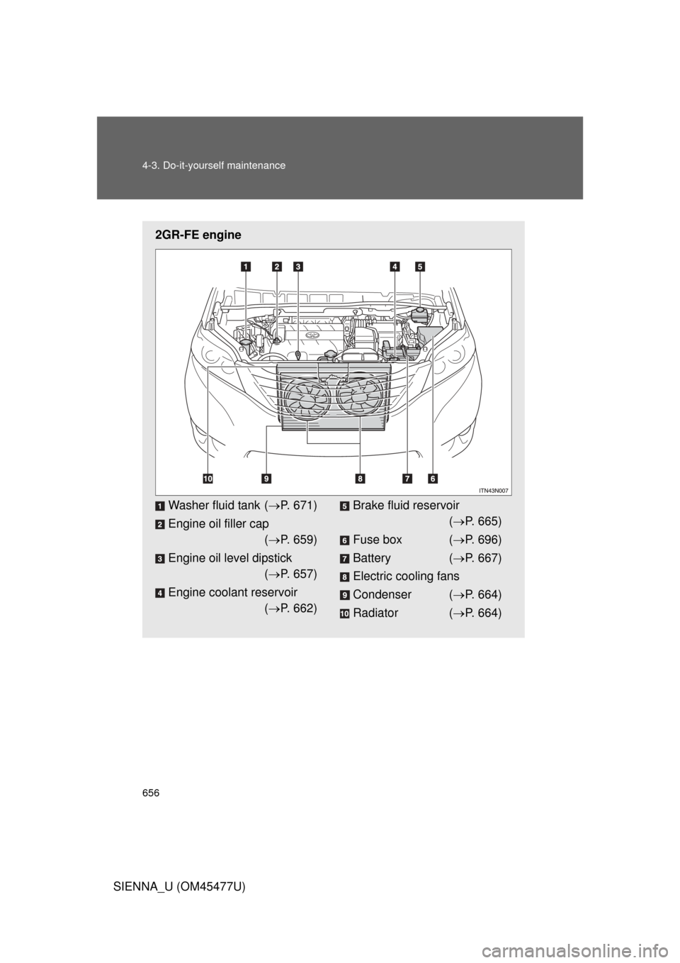 TOYOTA SIENNA 2012 XL30 / 3.G Owners Manual 656 4-3. Do-it-yourself maintenance
SIENNA_U (OM45477U)
2GR-FE engine
Washer fluid tank (P. 671)
Engine oil filler cap ( P. 659)
Engine oil level dipstick ( P. 657)
Engine coolant reservoir (