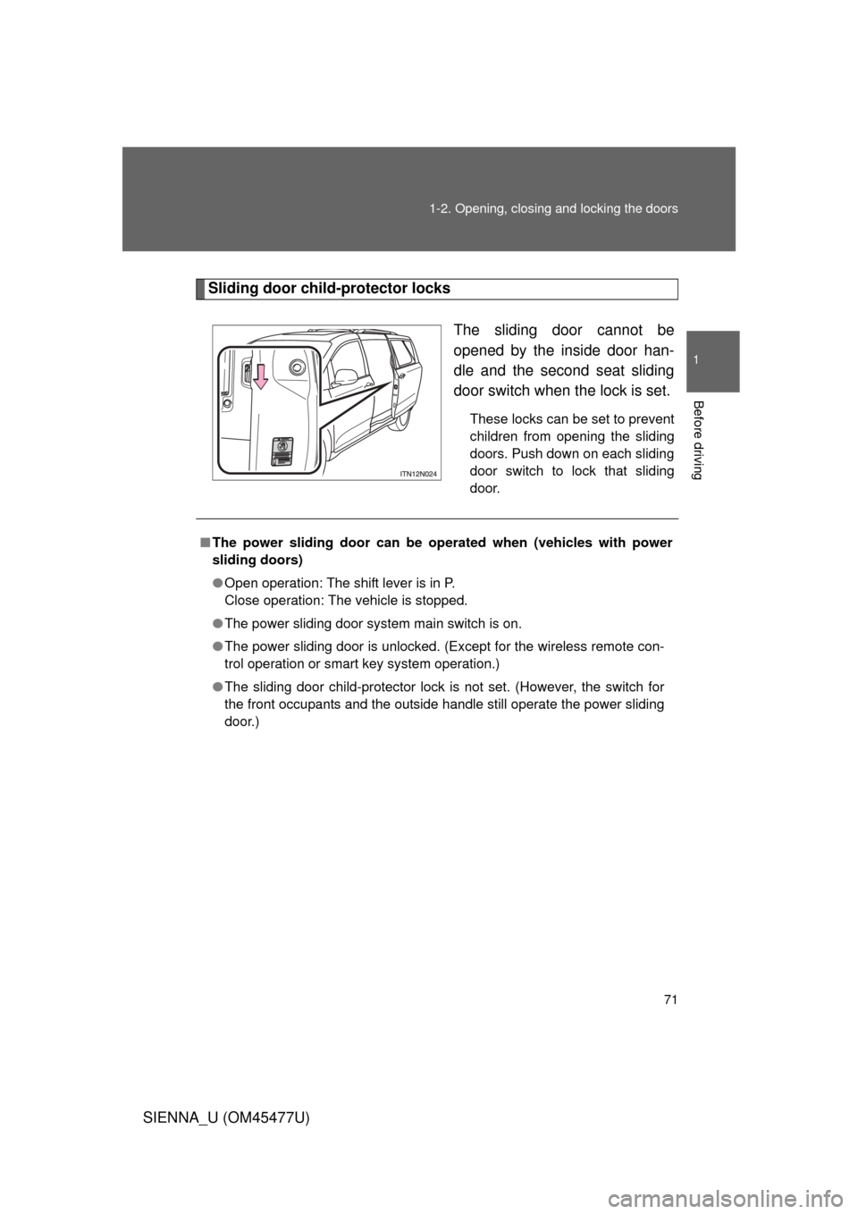TOYOTA SIENNA 2012 XL30 / 3.G Manual PDF 71
1-2. Opening, closing and locking the doors
1
Before driving
SIENNA_U (OM45477U)
Sliding door child-protector locks
The sliding door cannot be
opened by the inside door han-
dle and the second seat