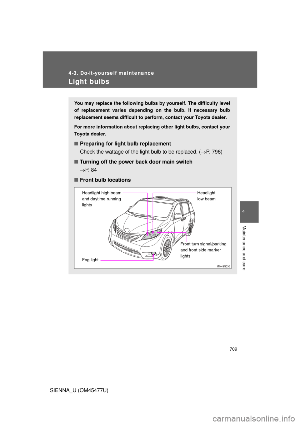 TOYOTA SIENNA 2012 XL30 / 3.G Owners Manual 709
4-3. Do-it-yourself maintenance
4
Maintenance and care
SIENNA_U (OM45477U)
Light bulbs
You may replace the following bulbs by yourself. The difficulty level
of replacement varies depending on the TOYOTA SIENNA 2012 XL30 / 3.G Owners Manual 709
4-3. Do-it-yourself maintenance
4
Maintenance and care
SIENNA_U (OM45477U)
Light bulbs
You may replace the following bulbs by yourself. The difficulty level
of replacement varies depending on the