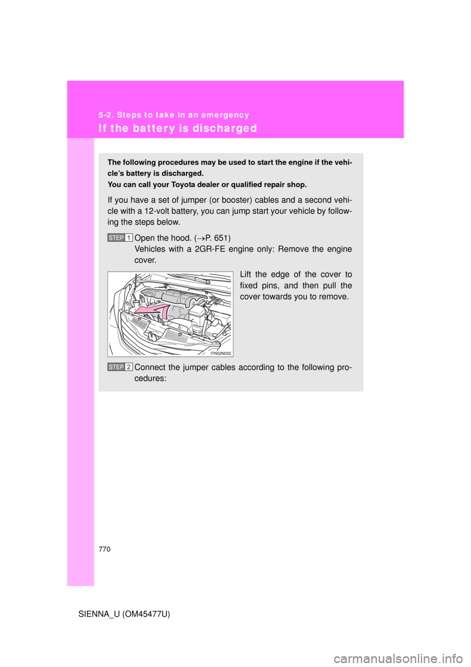 TOYOTA SIENNA 2012 XL30 / 3.G Owners Manual 770
5-2. Steps to take in an emergency
SIENNA_U (OM45477U)
If the batter y is discharged
The following procedures may be used to start the engine if the vehi-
cle’s battery is discharged.
You can ca TOYOTA SIENNA 2012 XL30 / 3.G Owners Manual 770
5-2. Steps to take in an emergency
SIENNA_U (OM45477U)
If the batter y is discharged
The following procedures may be used to start the engine if the vehi-
cle’s battery is discharged.
You can ca