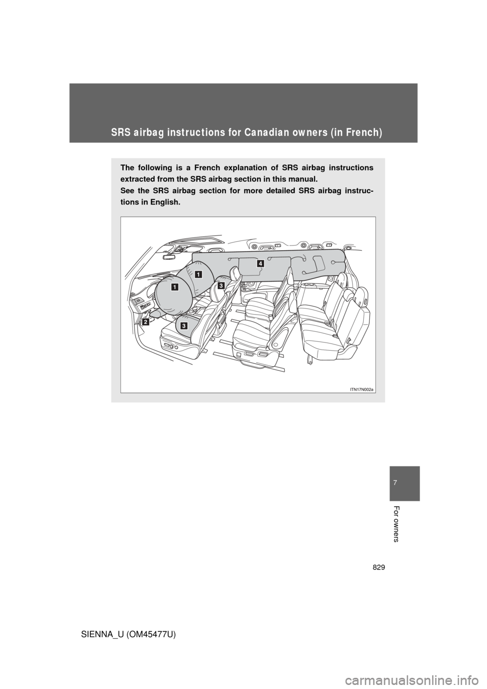 TOYOTA SIENNA 2012 XL30 / 3.G Owners Manual 829
7
SIENNA_U (OM45477U)
For owners
SRS airbag instructions for Canadian owners (in French)
The following is a French explanation of SRS airbag instructions
extracted from the SRS airb ag section in 
