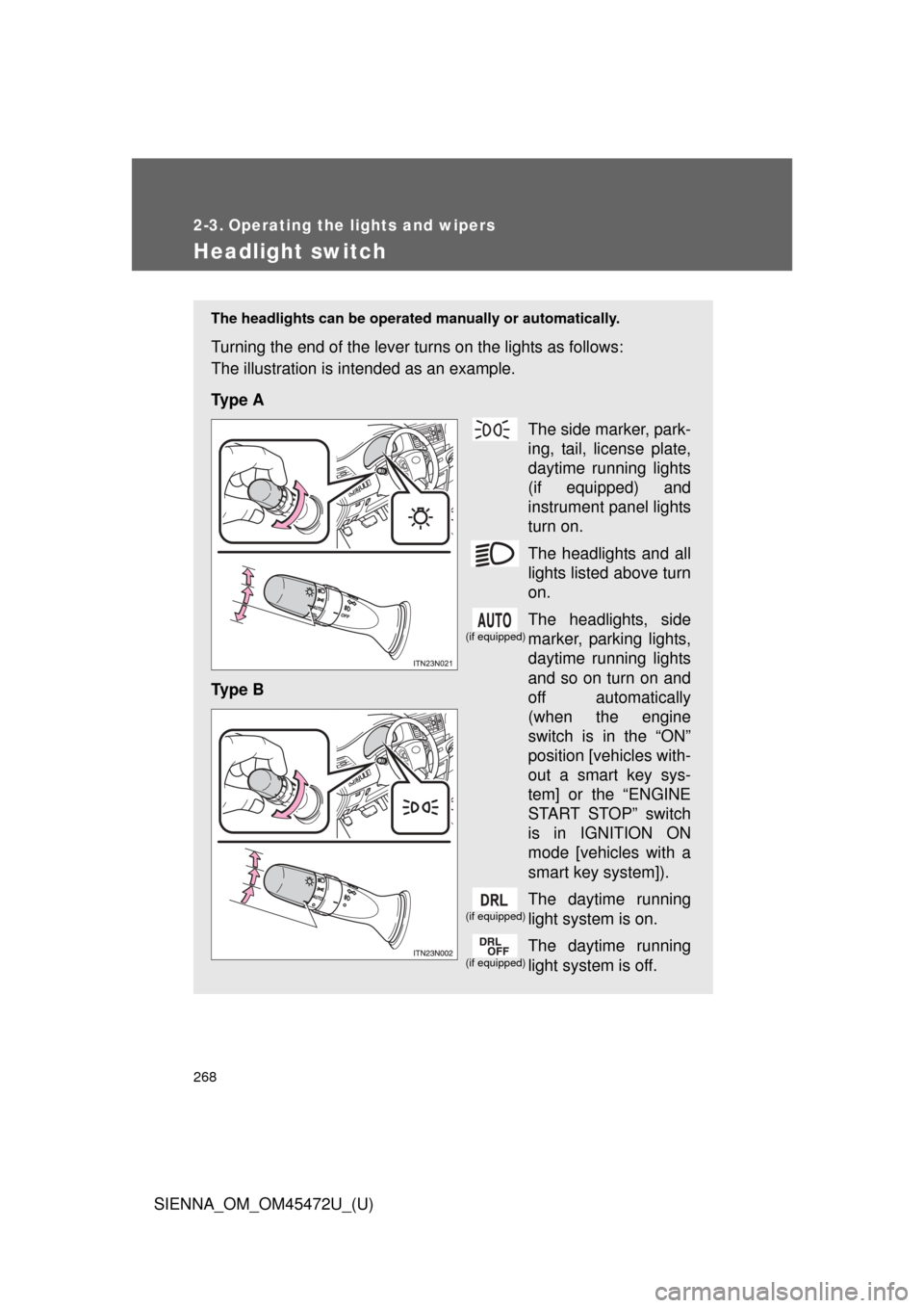 TOYOTA SIENNA 2013 XL30 / 3.G Owners Manual 268
SIENNA_OM_OM45472U_(U)
2-3. Operating the lights and wipers
Headlight switch
The headlights can be operated manually or automatically.
Turning the end of the lever turns on the lights as follows:
