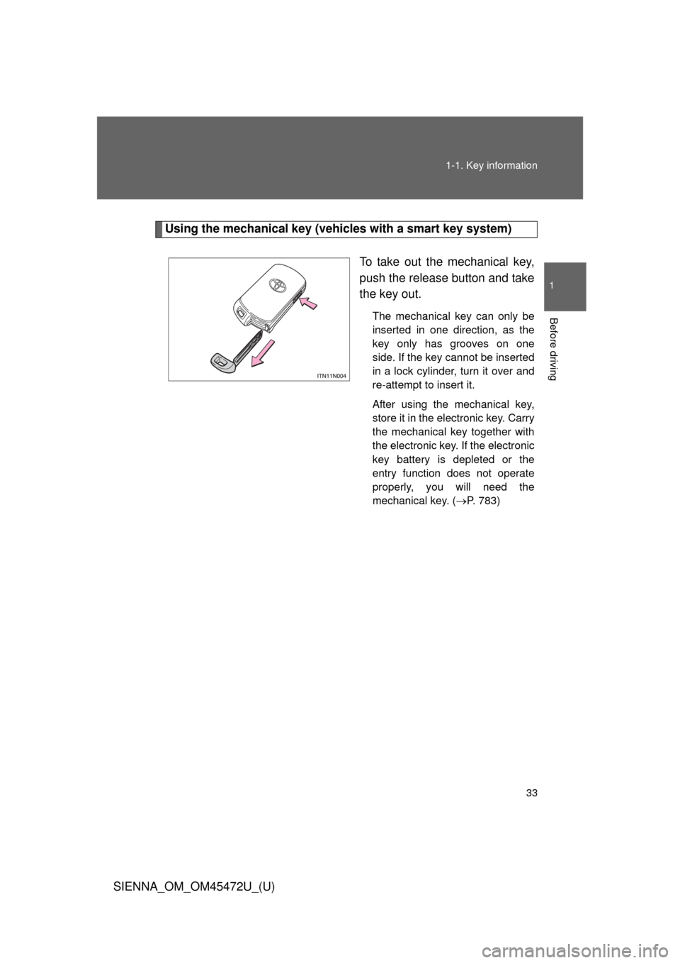 TOYOTA SIENNA 2013 XL30 / 3.G Owners Guide 33
1-1. Key information
1
Before driving
SIENNA_OM_OM45472U_(U)
Using the mechanical key (vehicles with a smart key system)
To take out the mechanical key,
push the release button and take
the key out TOYOTA SIENNA 2013 XL30 / 3.G Owners Guide 33
1-1. Key information
1
Before driving
SIENNA_OM_OM45472U_(U)
Using the mechanical key (vehicles with a smart key system)
To take out the mechanical key,
push the release button and take
the key out