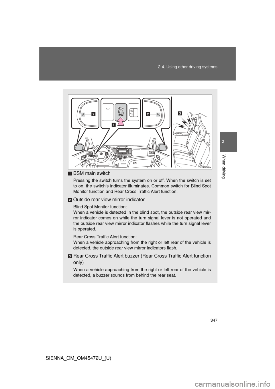 TOYOTA SIENNA 2013 XL30 / 3.G Owners Manual 347
2-4. Using other
driving systems
2
When driving
SIENNA_OM_OM45472U_(U)
BSM main switch
Pressing the switch turns the system on or off. When the switch is set
to on, the switch’s indicator illum TOYOTA SIENNA 2013 XL30 / 3.G Owners Manual 347
2-4. Using other
driving systems
2
When driving
SIENNA_OM_OM45472U_(U)
BSM main switch
Pressing the switch turns the system on or off. When the switch is set
to on, the switch’s indicator illum