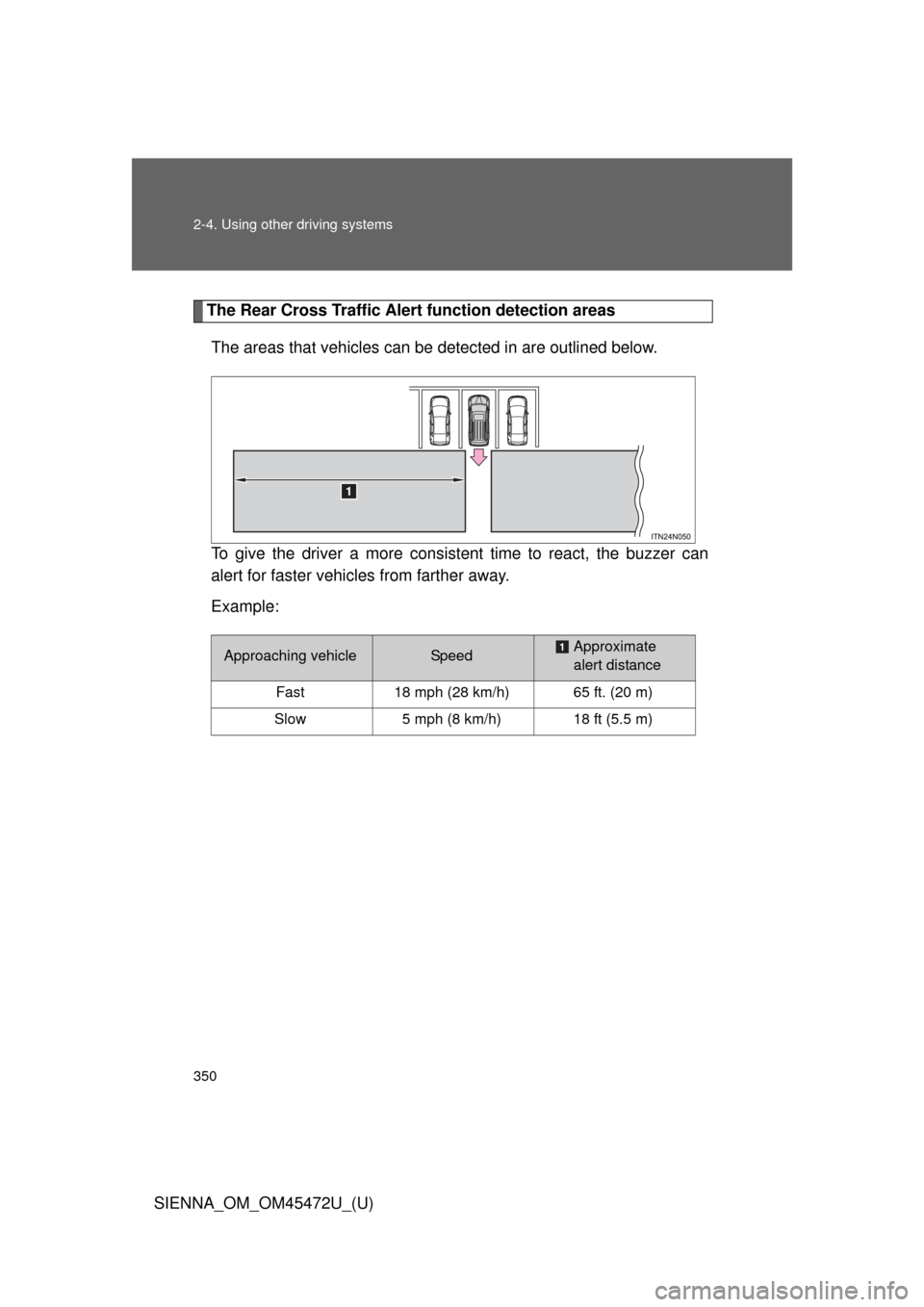 TOYOTA SIENNA 2013 XL30 / 3.G Owners Manual 350 2-4. Using other driving systems
SIENNA_OM_OM45472U_(U)
The Rear Cross Traffic Alert function detection areas
The areas that vehicles can be detected in are outlined below.
To give the driver a m TOYOTA SIENNA 2013 XL30 / 3.G Owners Manual 350 2-4. Using other driving systems
SIENNA_OM_OM45472U_(U)
The Rear Cross Traffic Alert function detection areas
The areas that vehicles can be detected in are outlined below.
To give the driver a m