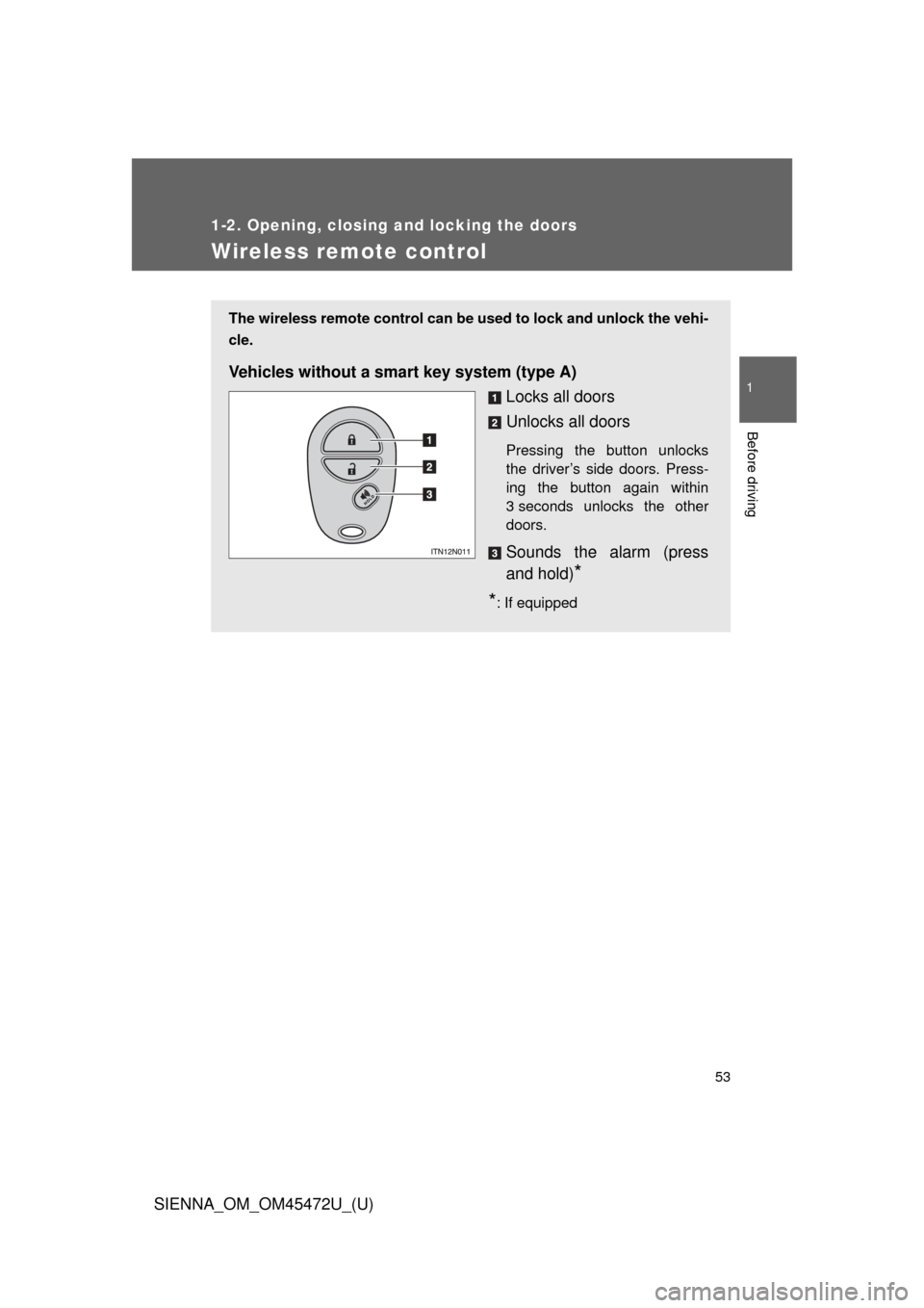 TOYOTA SIENNA 2013 XL30 / 3.G Owners Manual 53
1
1-2. Opening, closing and locking the doors
Before driving
SIENNA_OM_OM45472U_(U)
Wireless remote control
The wireless remote control can be used to lock and unlock the vehi-
cle.
Vehicles withou