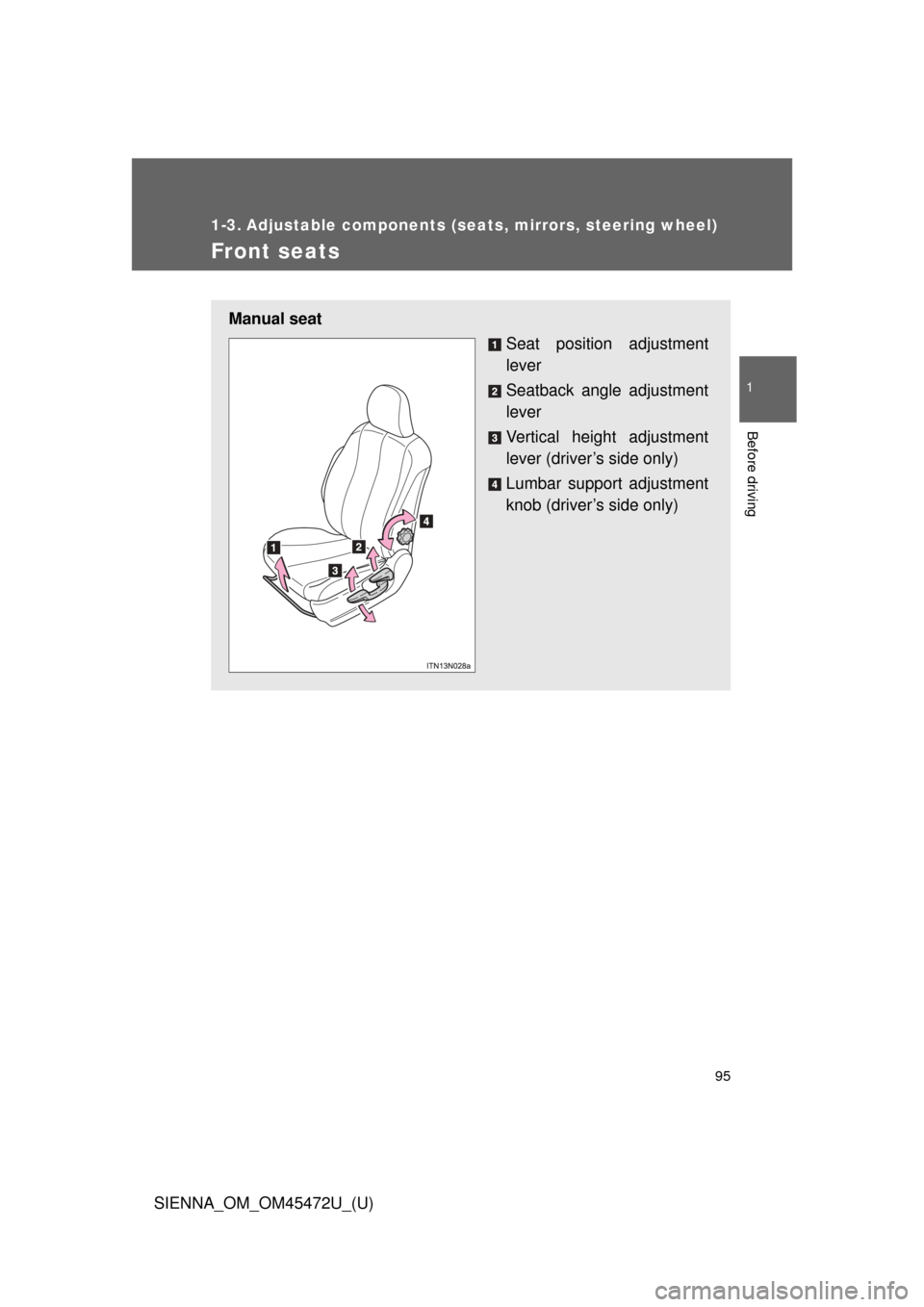 TOYOTA SIENNA 2013 XL30 / 3.G Owners Manual 95
1
Before driving
SIENNA_OM_OM45472U_(U)
1-3. Adjustable components (seats, mirrors, steering wheel)
Front seats
Manual seat
Seat position adjustment
lever
Seatback angle adjustment
lever
Vertical h