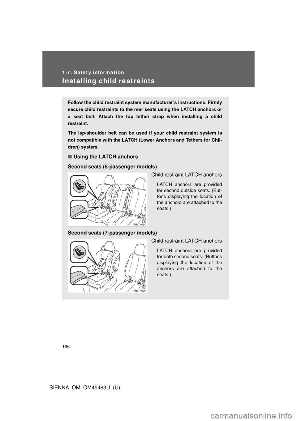 TOYOTA SIENNA 2014 XL30 / 3.G Owners Manual 196
1-7. Safety information
SIENNA_OM_OM45483U_(U)
Installing child restraints
Follow the child restraint system manufacturer’s instructions. Firmly
secure child restraints to the r ear seats using TOYOTA SIENNA 2014 XL30 / 3.G Owners Manual 196
1-7. Safety information
SIENNA_OM_OM45483U_(U)
Installing child restraints
Follow the child restraint system manufacturer’s instructions. Firmly
secure child restraints to the r ear seats using