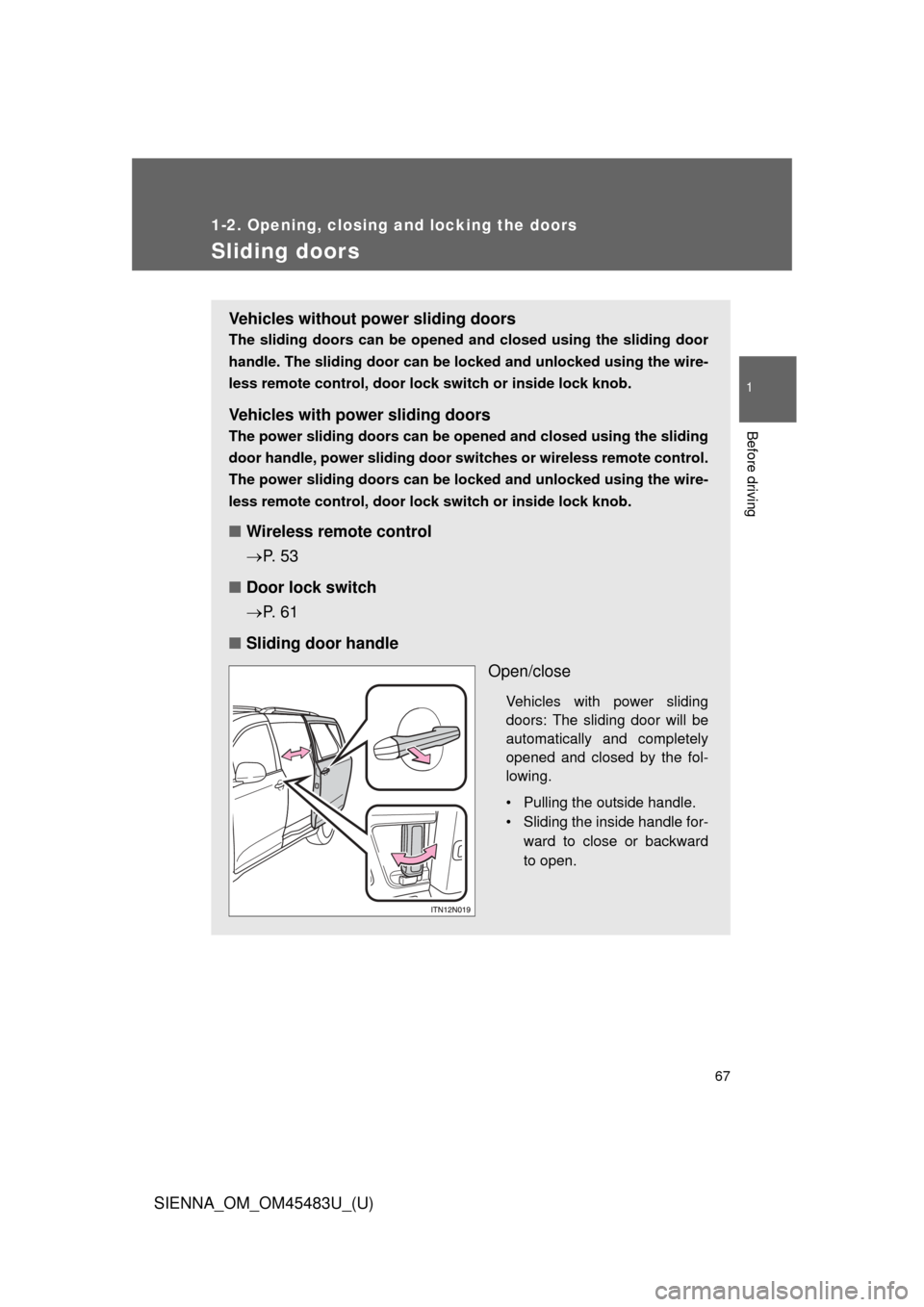 TOYOTA SIENNA 2014 XL30 / 3.G Repair Manual 67
1
1-2. Opening, closing and locking the doors
Before driving
SIENNA_OM_OM45483U_(U)
Sliding doors
Vehicles without power sliding doors
The sliding doors can be opened and closed using the sliding d