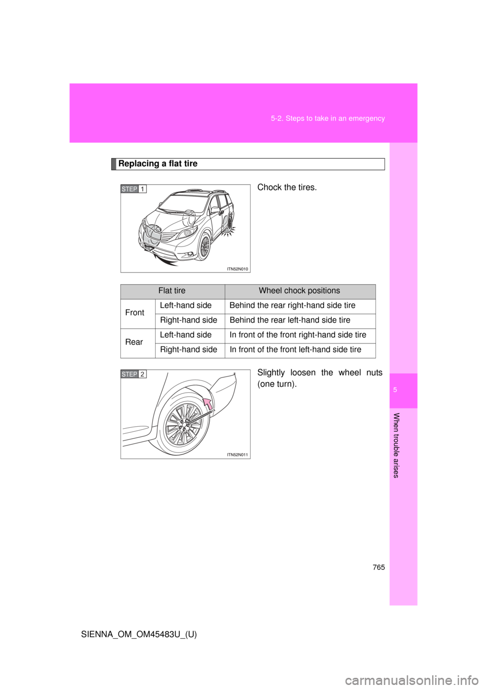 TOYOTA SIENNA 2014 XL30 / 3.G Owners Manual 5
When trouble arises
765
5-2. Steps to take in an emergency
SIENNA_OM_OM45483U_(U)
Replacing a flat tire
Chock the tires.
Slightly loosen the wheel nuts
(one turn).
STEP1
Flat tireWheel chock positio