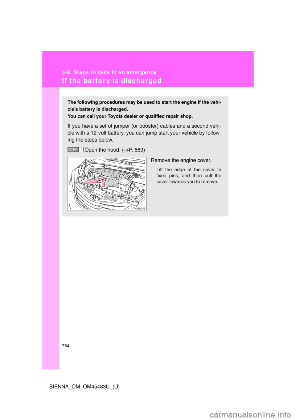 TOYOTA SIENNA 2014 XL30 / 3.G Owners Manual 784
5-2. Steps to take in an emergency
SIENNA_OM_OM45483U_(U)
If the batter y is discharged
The following procedures may be used to start the engine if the vehi-
cle’s battery is discharged.
You can TOYOTA SIENNA 2014 XL30 / 3.G Owners Manual 784
5-2. Steps to take in an emergency
SIENNA_OM_OM45483U_(U)
If the batter y is discharged
The following procedures may be used to start the engine if the vehi-
cle’s battery is discharged.
You can