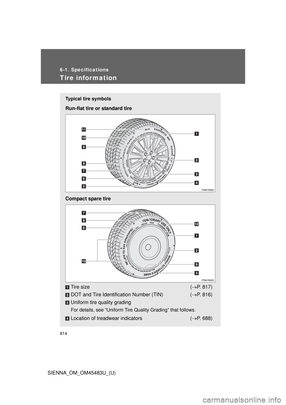 TOYOTA SIENNA 2014 XL30 / 3.G Owners Manual 814
6-1. Specifications
SIENNA_OM_OM45483U_(U)
Tire infor mation
Typical tire symbols
Run-flat tire or standard tire
Compact spare tireTire size ( P. 817)
DOT and Tire Identification Number (TIN) (