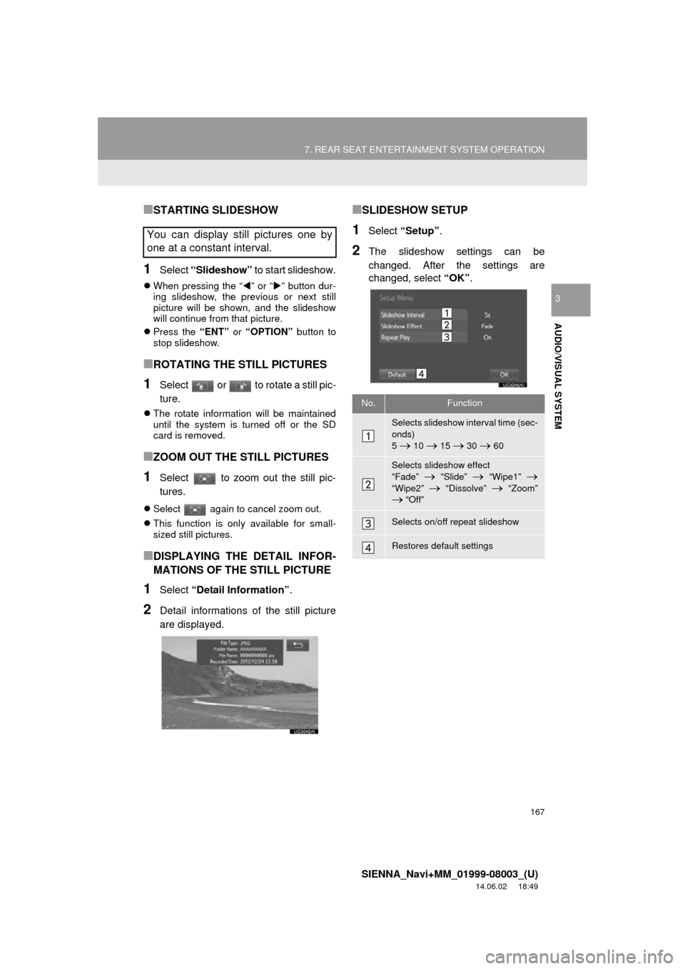 TOYOTA SIENNA 2015 XL30 / 3.G Navigation Manual 167
7. REAR SEAT ENTERTAINMENT SYSTEM OPERATION
SIENNA_Navi+MM_01999-08003_(U)
14.06.02     18:49
AUDIO/VISUAL SYSTEM
3
■STARTING SLIDESHOW
1Select “Slideshow”  to start slideshow.
When press