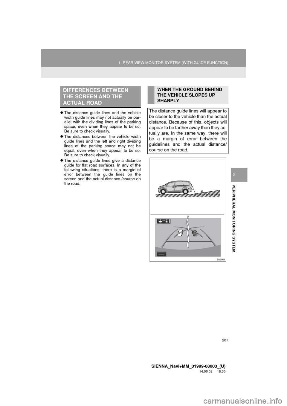 TOYOTA SIENNA 2015 XL30 / 3.G Navigation Manual 207
1. REAR VIEW MONITOR SYSTEM (WITH GUIDE FUNCTION)
SIENNA_Navi+MM_01999-08003_(U)
14.06.02 18:35
PERIPHERAL MONITORING SYSTEM
6
The distance guide lines and the vehicle
width guide lines may TOYOTA SIENNA 2015 XL30 / 3.G Navigation Manual 207
1. REAR VIEW MONITOR SYSTEM (WITH GUIDE FUNCTION)
SIENNA_Navi+MM_01999-08003_(U)
14.06.02 18:35
PERIPHERAL MONITORING SYSTEM
6
The distance guide lines and the vehicle
width guide lines may