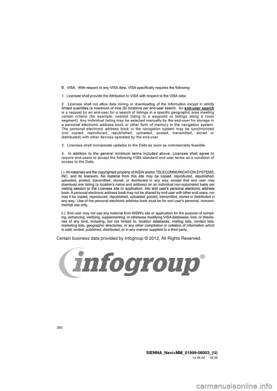 TOYOTA SIENNA 2015 XL30 / 3.G Navigation Manual 350
SIENNA_Navi+MM_01999-08003_(U)
14.06.02 18:35
Certain business data provided by Infogroup © 2012, All Rights Reserved. TOYOTA SIENNA 2015 XL30 / 3.G Navigation Manual 350
SIENNA_Navi+MM_01999-08003_(U)
14.06.02 18:35
Certain business data provided by Infogroup © 2012, All Rights Reserved.