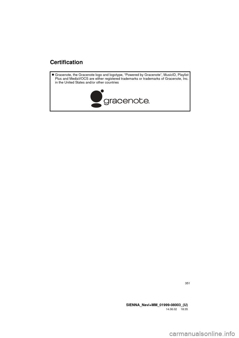 TOYOTA SIENNA 2015 XL30 / 3.G Navigation Manual 351
SIENNA_Navi+MM_01999-08003_(U)
14.06.02     18:35
Gracenote, the Gracenote logo and logotype, “Powered by Gracenote”, MusicID, Playlist
Plus and MediaVOCS are either registered  trademarks 