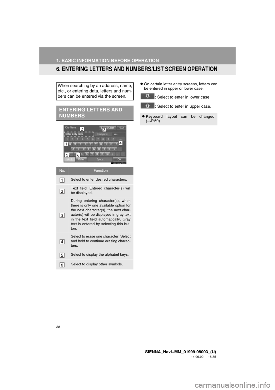 TOYOTA SIENNA 2015 XL30 / 3.G Navigation Manual 38
1. BASIC INFORMATION BEFORE OPERATION
SIENNA_Navi+MM_01999-08003_(U)
14.06.02 18:35
6. ENTERING LETTERS AND NUMBERS/LIST SCREEN OPERATION
On certain letter entry screens, letters can
be ente TOYOTA SIENNA 2015 XL30 / 3.G Navigation Manual 38
1. BASIC INFORMATION BEFORE OPERATION
SIENNA_Navi+MM_01999-08003_(U)
14.06.02 18:35
6. ENTERING LETTERS AND NUMBERS/LIST SCREEN OPERATION
On certain letter entry screens, letters can
be ente