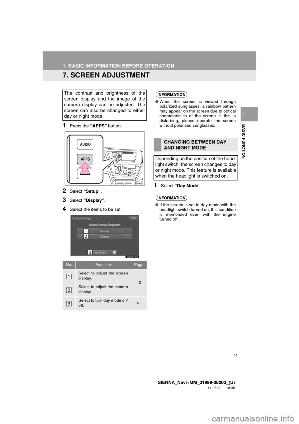 TOYOTA SIENNA 2015 XL30 / 3.G Navigation Manual 41
1. BASIC INFORMATION BEFORE OPERATION
SIENNA_Navi+MM_01999-08003_(U)
14.06.02 18:35
BASIC FUNCTION
2
7. SCREEN ADJUSTMENT
1Press the “APPS” button.
2Select “Setup” .
3Select “Display TOYOTA SIENNA 2015 XL30 / 3.G Navigation Manual 41
1. BASIC INFORMATION BEFORE OPERATION
SIENNA_Navi+MM_01999-08003_(U)
14.06.02 18:35
BASIC FUNCTION
2
7. SCREEN ADJUSTMENT
1Press the “APPS” button.
2Select “Setup” .
3Select “Display