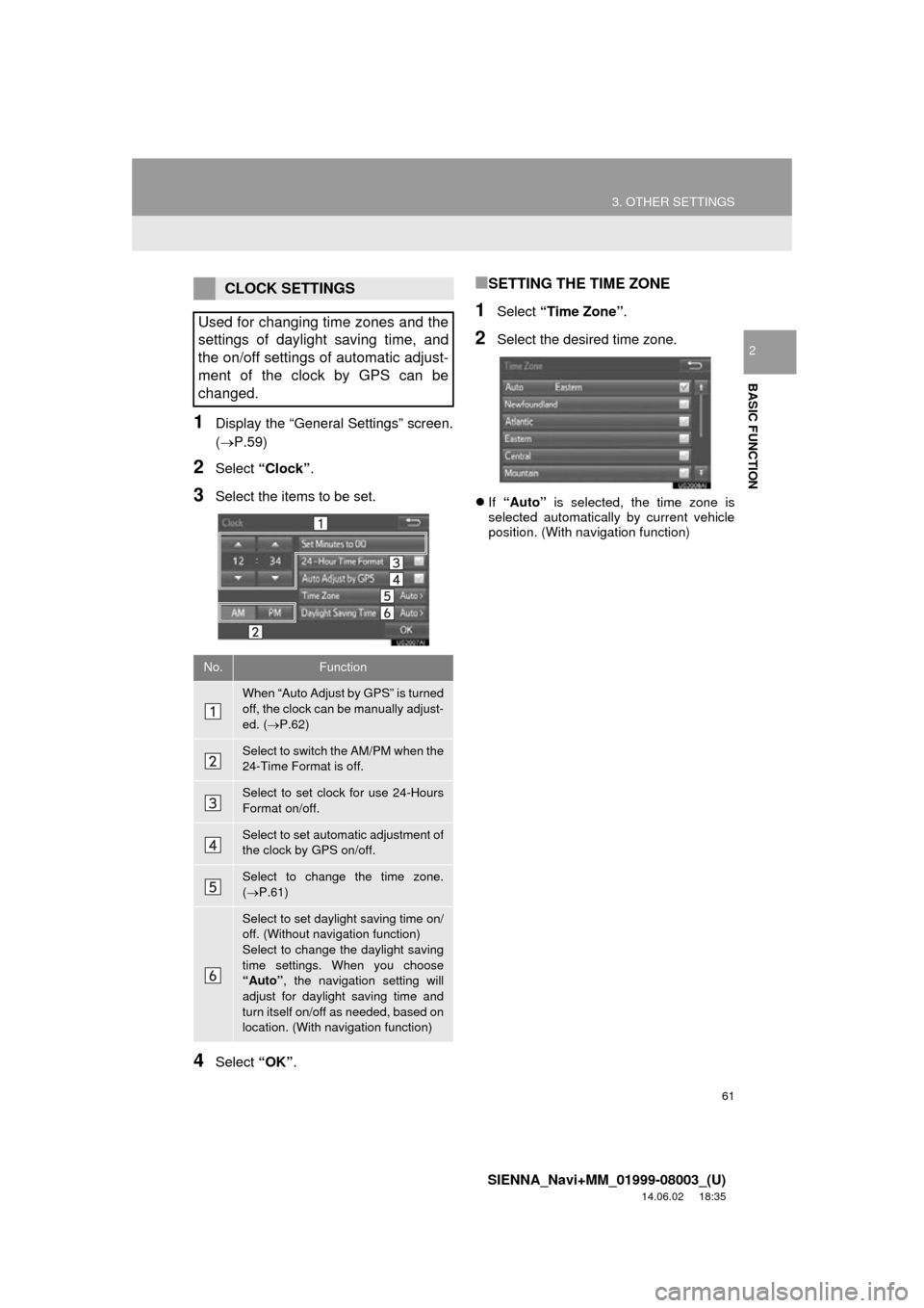 TOYOTA SIENNA 2015 XL30 / 3.G Navigation Manual 61
3. OTHER SETTINGS
SIENNA_Navi+MM_01999-08003_(U)
14.06.02 18:35
BASIC FUNCTION
2
1Display the “General Settings” screen.
(P.59)
2Select “Clock”.
3Select the items to be set.
4Select TOYOTA SIENNA 2015 XL30 / 3.G Navigation Manual 61
3. OTHER SETTINGS
SIENNA_Navi+MM_01999-08003_(U)
14.06.02 18:35
BASIC FUNCTION
2
1Display the “General Settings” screen.
(P.59)
2Select “Clock”.
3Select the items to be set.
4Select