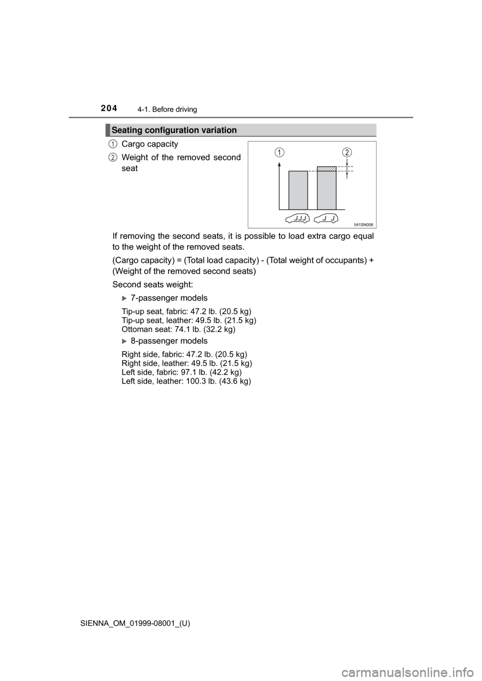 TOYOTA SIENNA 2015 XL30 / 3.G Owners Manual 204
SIENNA_OM_01999-08001_(U)
4-1. Before driving
Cargo capacity
Weight  of  the  removed  second
seat
If  removing  the  second  seats,  it  is  possible  to  load  extra  cargo  equal
to the weight 